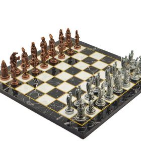 Gift Home Metal Satranç Takımı Büyük Osmanlı-Bizans Antik Düz Mermer Desenli Satranç Tahtası