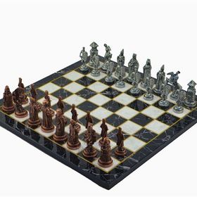 Gift Home Metal Satranç Takımı Büyük Osmanlı-Bizans Antik Düz Mermer Desenli Satranç Tahtası