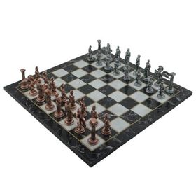 Gift Home Metal Satranç Takımı Büyük Pegasus Antik Katlanır Mermer Desenli Satranç Tahtası