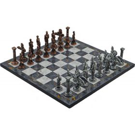 Gift Home Metal Satranç Takımı Büyük Pegasus Antik ve Gri Mermer Desenli Satranç Tahtası