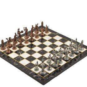 Gift Home Metal Satranç Takımı Orta Boy Yunan Figürlü Antik Satranç Taşı ve MDF Bahar Desenli Satranç Tahtası