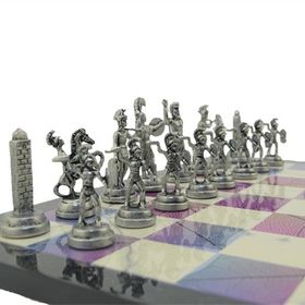 Gift Home Metal Satranç Takımı Orta Boy Yunan Figürlü Antik Satranç Taşı ve MDF Bahar Desenli Satranç Tahtası
