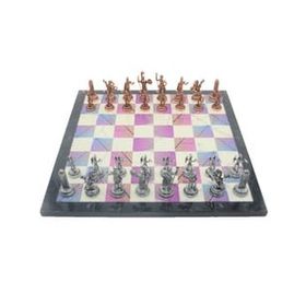 Gift Home Metal Satranç Takımı Orta Boy Yunan Figürlü Antik Satranç Taşı ve MDF Bahar Desenli Satranç Tahtası