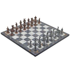 Gift Home Metal Satranç Takımı Orta İspanyol Antik Gri Mermer Desenli Satranç Tahtası