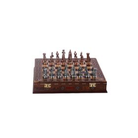 Gift Home Orta Boy Metal İngiliz Satranç Takımı Antik ve El Yapımı Masif Ahşap Sandıklı Satranç Tahtası