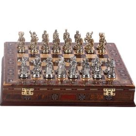 Gift Home Orta Boy Metal Osmanlı Bizans Satranç Takımı Parlak ve El Yapımı Masif Ahşap Sandıklı Satranç Tahtası
