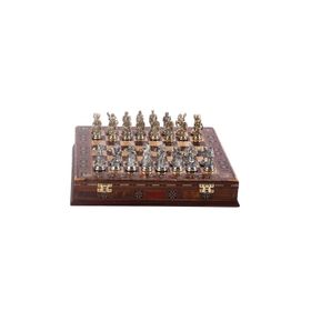 Gift Home Orta Boy Metal Osmanlı Bizans Satranç Takımı Parlak ve El Yapımı Masif Ahşap Sandıklı Satranç Tahtası