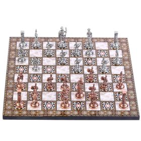 Gift Home Orta Boy Metal Roma 37x37 cm Satranç Takımı Antik ve Sedef Desenli MDF Ahşap Satranç Tahtası