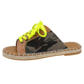 Gikleihwy Slingback Açık Burunlu Hasır Dokuma Bağcıklı Kamuflaj Kadın Sandalet