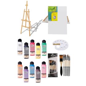 Glance Artdeco 140 ml Akrilik Boya ve Fanart 12x12 ml Yağlı Boya Seti + 50x70+35x50 Tuval İkili Şövale Set