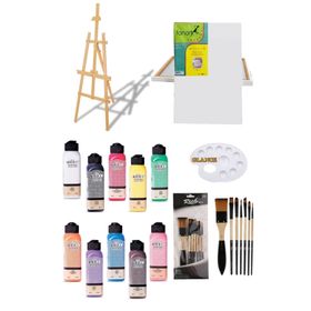 Glance Artdeco 140 ml Akrilik Boya ve Fanart 12x12 ml Yağlı Boya Seti + 50x70+35x50 Tuval İkili Şövale Set