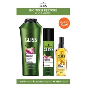 Gliss 360 ml Bio Tech Güçlendirici Şampuan + 200 ml Durulanmayan Sıvı Saç Kremi + 75 ml Oil Elixir Yağ İksiri