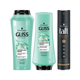Gliss 500 ml Nutribalance Şampuan + 360 ml Saç Kremi + Taft 250 ml Powerful Age Saç Spreyi