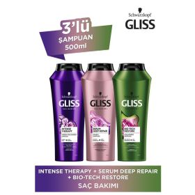Gliss Intense Therapy 500 ml Şampuan + Serum Deep Repair 500 ml Şampuan + Bio-Tech Restore 500 ml Şampuan