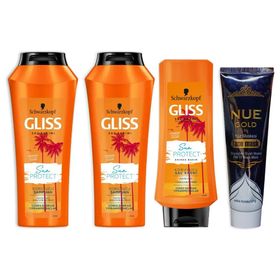 Gliss Sun Protect Şampuan 2x360 ml + Gliss 360 ml Sun Protect Saç Kremi+ Nue Gold Maske Hediyeli