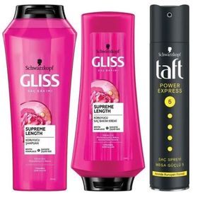 Gliss Supreme Length 500 ml Şampuan + 360 ml Saç Kremi + Taft Power Express 250 ml Saç Spreyi