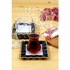 Glore Kare Alba Altın Yaldızlı 6 Kişilik 12 Parça Cam Çay Takımı