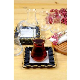 Glore Kare Alba Altın Yaldızlı 6 Kişilik 12 Parça Cam Çay Takımı