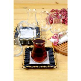 Glore Kare Alba Altın Yaldızlı 6 Kişilik 12 Parça Cam Çay Takımı