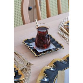 Glore Kare Alba Altın Yaldızlı 6 Kişilik 12 Parça Cam Çay Takımı