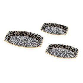 Glore Leopar Somon 3'lü Altın Yaldızlı Cam Oval Kayık Tabak