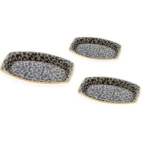 Glore Leopar Somon 3'lü Altın Yaldızlı Cam Oval Kayık Tabak
