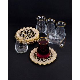 Glore Leopar Wavy 12 Parça 6 Kişilik Altın Yaldızlı Cam Çay Takımı
