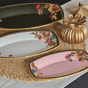 Glore Lorena Altın Yaldızlı Siyah Pembe Beyaz Kayık Tabak Seti