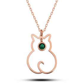 GMS Mayıs Ayı Doğum Taşı Kedi Gümüş Kadın Kolye