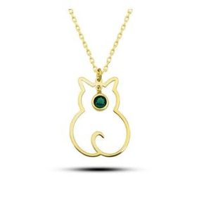 GMS Mayıs Ayı Doğum Taşı Kedi Gümüş Kadın Kolye