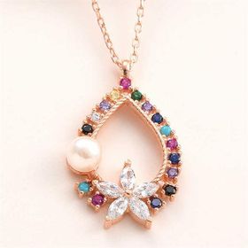 GMS Rose Renkli Taşlı Çiçekli Kadın Gümüş Kolye
