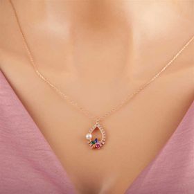 GMS Rose Renkli Taşlı Çiçekli Kalp Kadın Gümüş Kolye