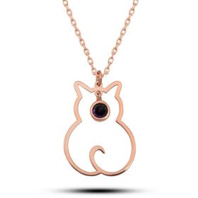 GMS Şubat Ayı Doğum Taşı Kedi Gümüş Kadın Kolye
