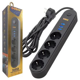 Gobax MG-101 Priz Akım Korumalı 4'lü Priz Açma Kapama Anahtarlı 3 USB Çıkışlı Akıllı Uzatma Kablosu