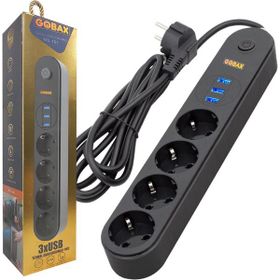 Gobax MG-101 Priz Akım Korumalı 4'lü Priz Açma Kapama Anahtarlı 3 USB Çıkışlı Akıllı Uzatma Kablosu