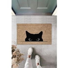 Gökyaprak K-3185 Dijital Kara Kedi Bej Kapı Paspası Dış Mekan Paspas