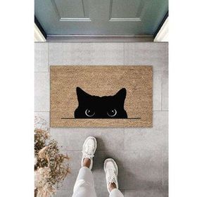 Gökyaprak K-3185 Dijital Kara Kedi Bej Kapı Paspası Dış Mekan Paspas