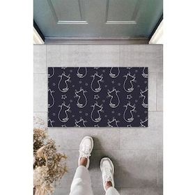Gökyaprak K-3307 Yıldızlı Kediler Desen Siyah Kapı Önü Paspası