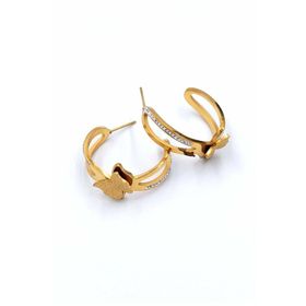 Gold Renk Kelebekli Taşlı Yarım Halka Çelik Küpe