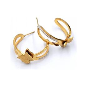 Gold Renk Kelebekli Taşlı Yarım Halka Çelik Küpe