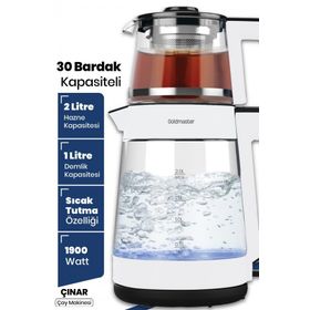 Goldmaster Çınar Beyaz Geniş Hazneli Demlikli Alman Schott Cam Çay Makinesi ve Led Işıklı Su Isıtıcı