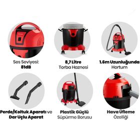 Goldmaster Süper Turbo Kırmızı 1200 Watt Islak Kuru 8.7 lt Toz Torbalı Elektrikli Süpürge