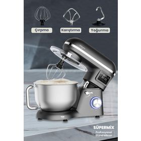 Goldmaster Süpermix Dokunmatik 1500WATT 5.5 lt Çırpma Karıştırma Yoğurma Antrasit Stand Mikser Mutfak Şefi