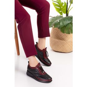 Gondol NDR.5506-Siyah-Bordo Hakiki Deri Anatomik Taban Rahat Lastik Bağcıklı Ayakkabı