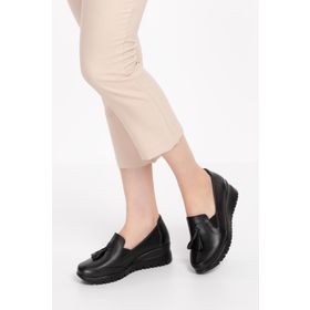 Gondol PYT.6204-Siyah Hakiki Deri Anatomik Taban Dolgu Topuklu Günlük Ayakkabı