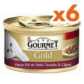 Gourmet 6x85 gr Gold Parça Etli Soslu Tavuklu Ciğerli Kedi Konservesi