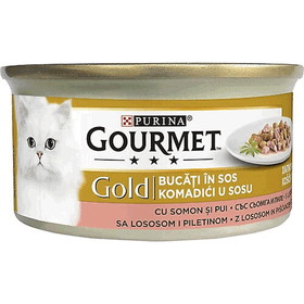 Gourmet 85 gr 12 Adet Gold Parça Etli Somonlu ve Tavuklu Kedi Konservesi