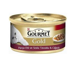 Gourmet 9x85 gr Gold Parça Etli Soslu Tavuklu Ciğerli Kedi Konservesi
