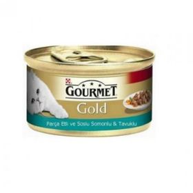Gourmet Gold 85 gr Parça Etli Somonlu ve Tavuklu Kedi Konservesi
