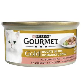 Gourmet Gold 85 gr Parça Etli Soslu Somonlu Tavuklu Yetişkin Kedi Konservesi